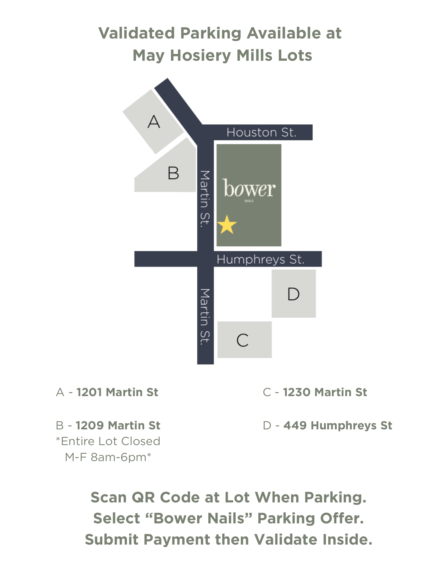 Map of validated parking at the May Hosiery Mills lots: 1201 Martin St, 1209 Martin St, 1230 Martin St, and 449 Humphreys St. Scan the QR code at the lot, select the Bower Nails parking offer, submit payment, then validate inside.